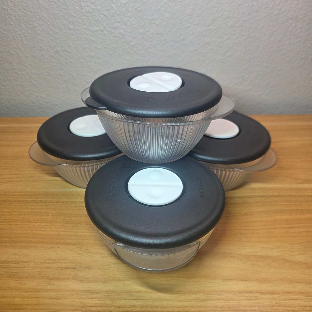 (4) Tupperware Vent N Serve Microwavable 400ml Bowls w/ Black Vented Lids 4720A